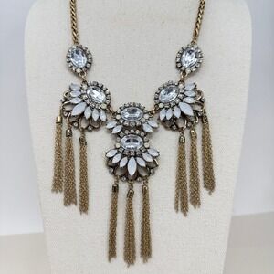Rhinestone Statement Necklace White Crystal Tassel Pendant Bib Gold‎ Tone